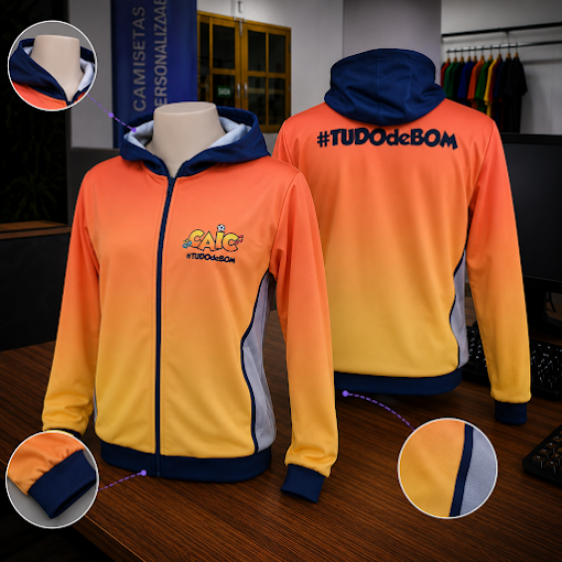 Blusa aberta com zíper personalizada em Helanca Flanelada com sublimação total