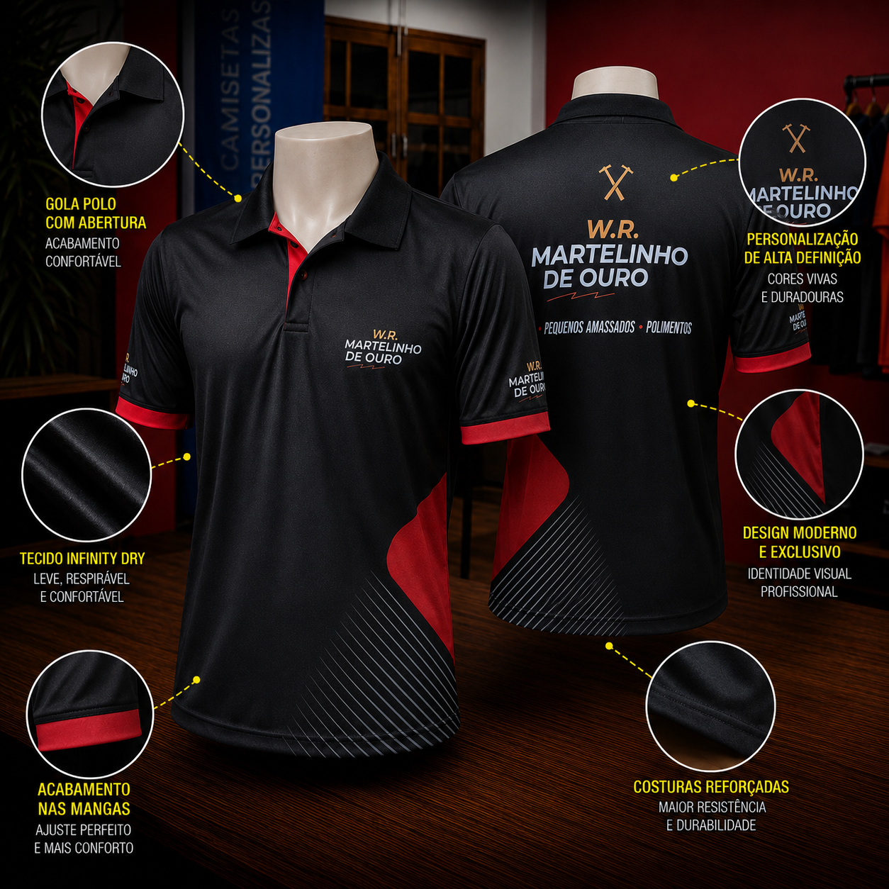 Polo Infinity Dry personalizada, frente e costas