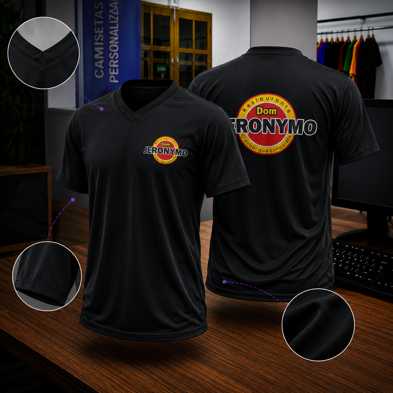 Camiseta em poliviscose com logotipo aplicado em DTF, frente e costas