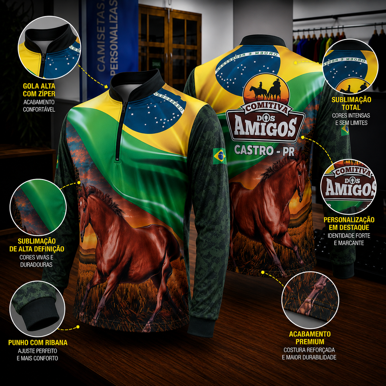 Camisa gola padre com zíper em tecido Infinity Dry com sublimação total, frente e costas