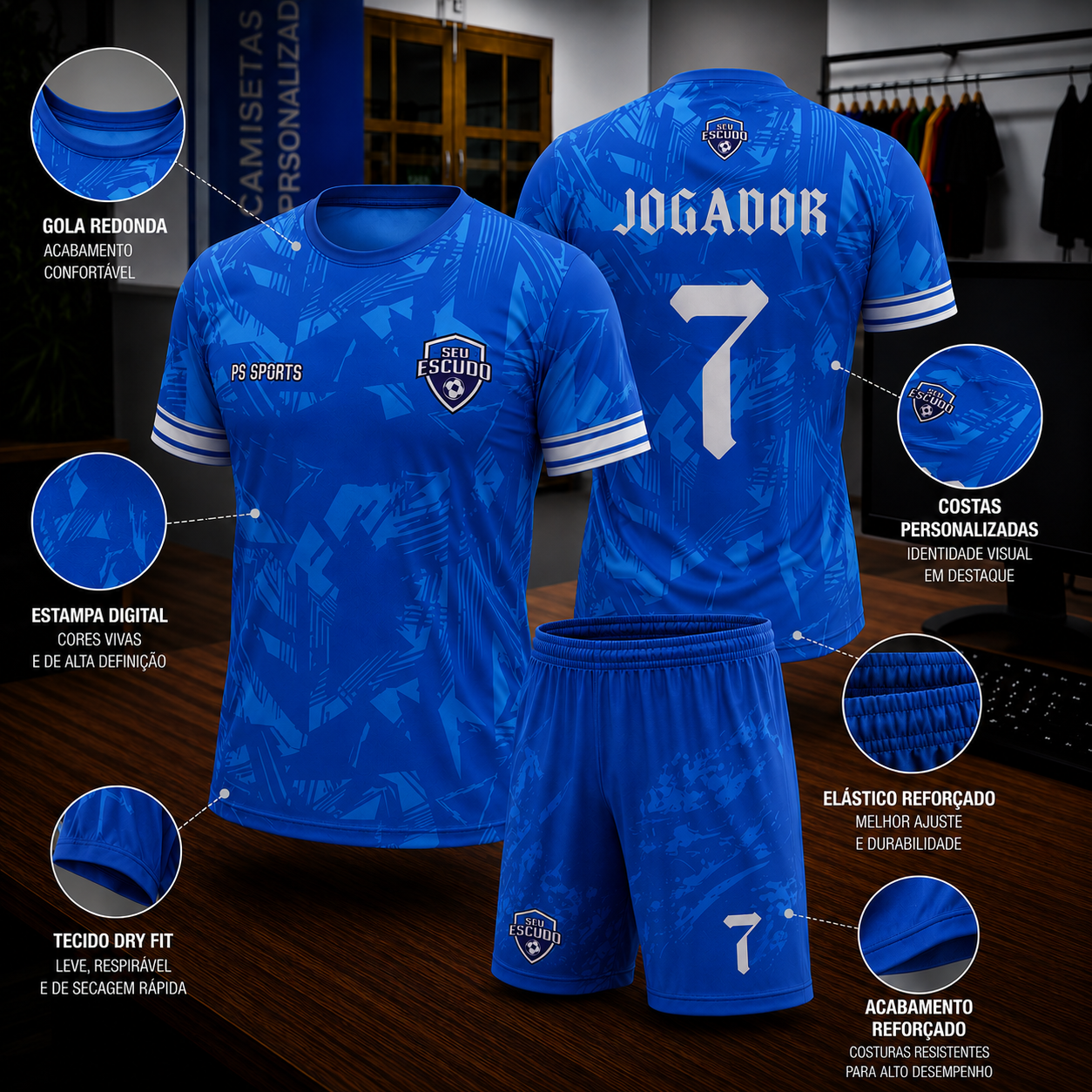 Conjunto esportivo personalizado com camisa e calção, número, nome e escudo