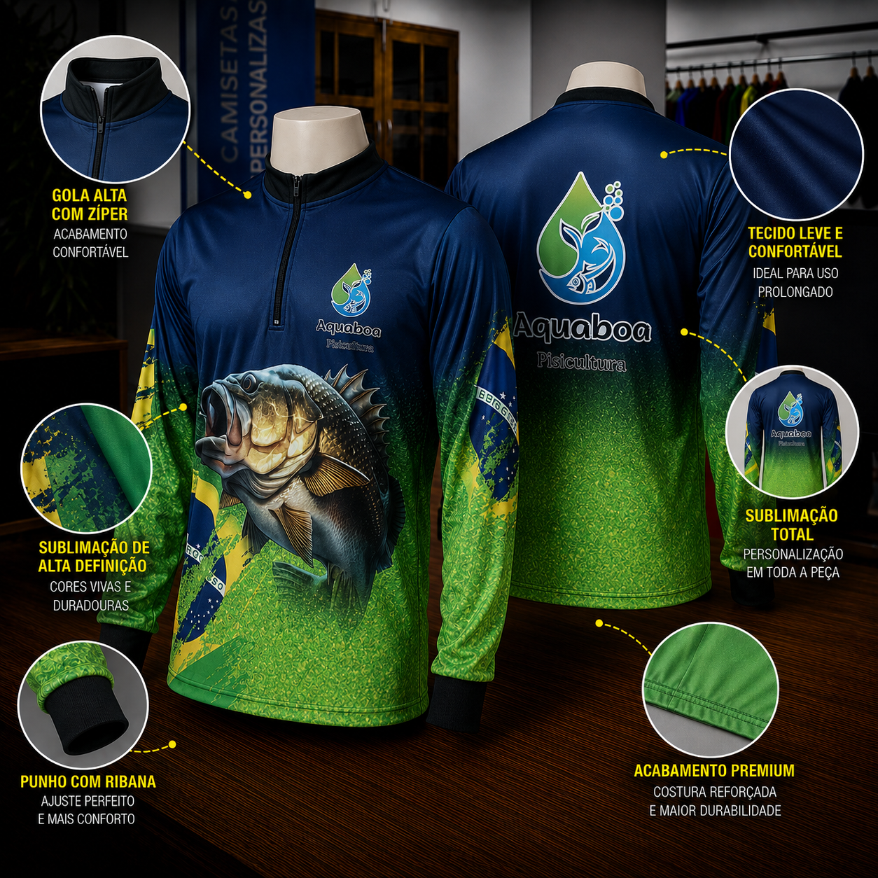 Camisa de pesca manga longa com zíper e sublimação total, frente e costas